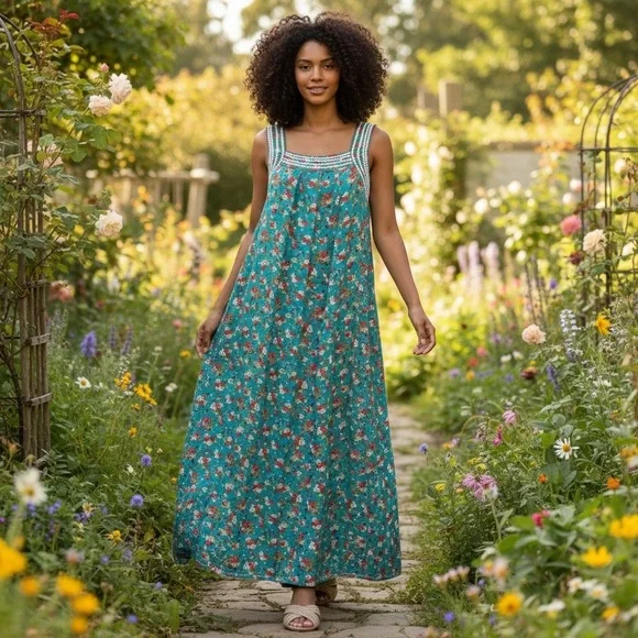 Vintage Cottagecore Floral Maxi Dress Handmade MuuMuu Style Teal S/M - Picture 1 of 10